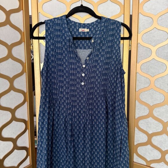 Faherty Size Small Blue Floral Print Linen Blend Sleeveless Pintucked Midi Dress - Picture 4 of 15